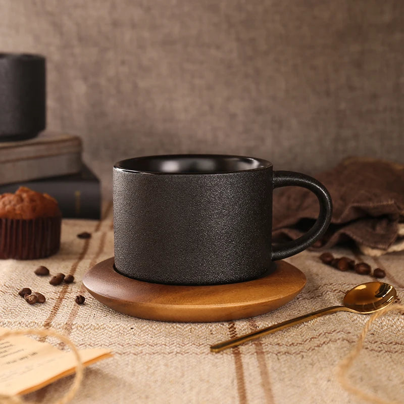 Nordic Black Ceramic Coffee Tea Cup creative coffee shop cups Frosted Porcelain Matte Mug Wood Saucer with Gold Steel Spoon mugs