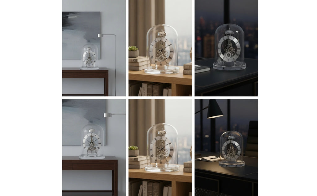 Clock with Glass Dome Mechanical-Style Quartz Skeleton Clock Retro Chiming for Collectors Living Room Home Office Decoration