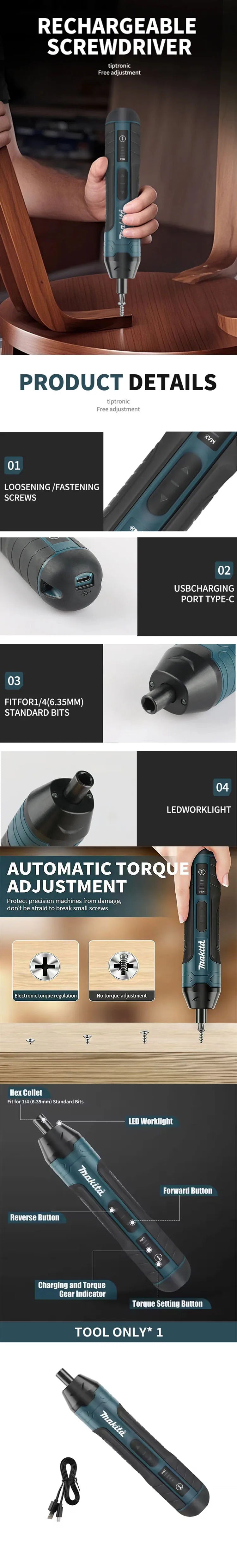 Makita Cordless Electric Screwdriver 1300mAh Rechargeable Torque Adjustable Power Drill Multi-Function Repair Disassembly Tool