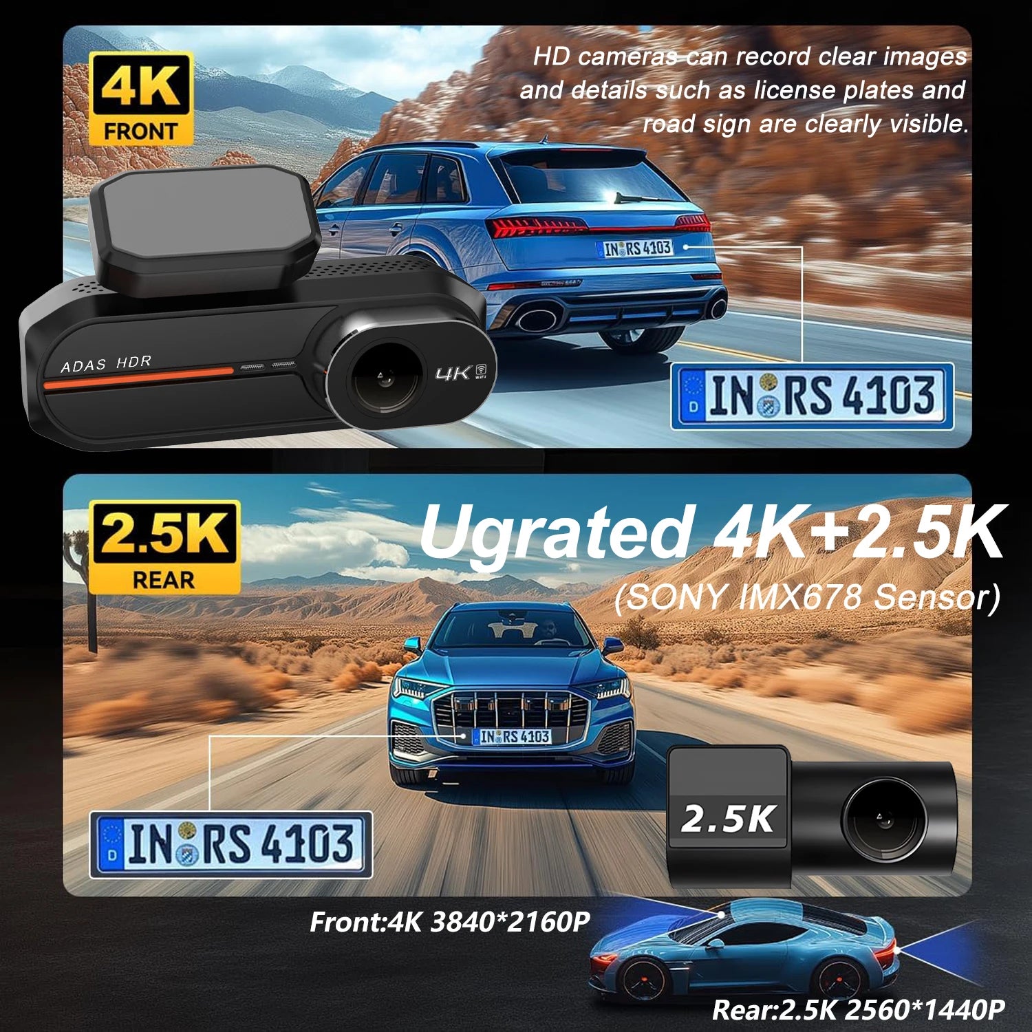 UHD 4K 3840*2160P Dash Cam ADAS WiFi GPS Front 4K Rear 2.5K DVR Video Recorder 24H Night Vision Dash Cam Car Camera Black Box