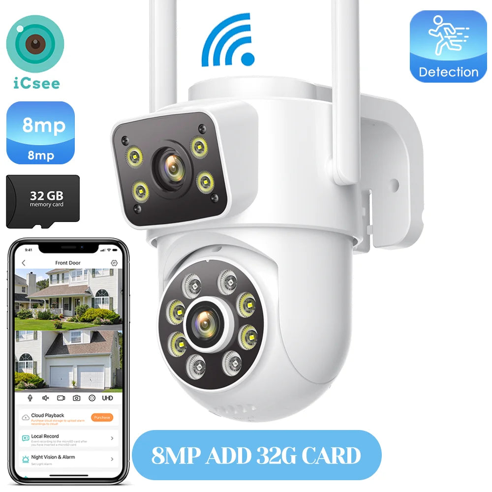 8MP 4K Outdoors Wifi Camera Dual Lens Security PTZ IP Camera 5X Digital Zoom Lens Human IP66 Waterproof Auto Detect Tracking Cam