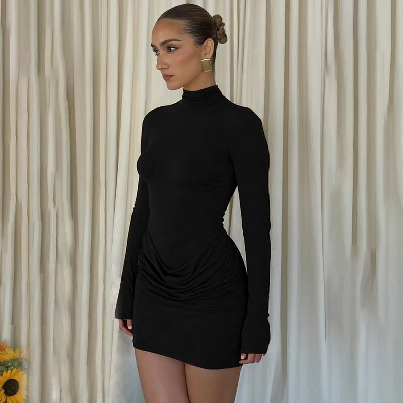 Hugcitar Women Elegant Turleneck Long Sleeve Ruched Sexy Bodycon Mini Dress Autumn Women Clothes Streetwear Party Festival