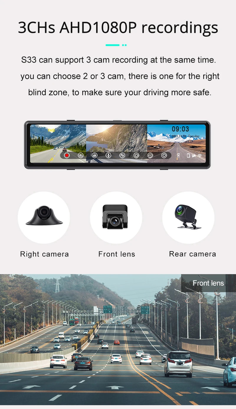 3 Cameras Dash Cam Car Play & Android Auto 2.5k 2560*1440P Rearview Mirror Video Recording WIFI Loop Record Phone APP Car DVR