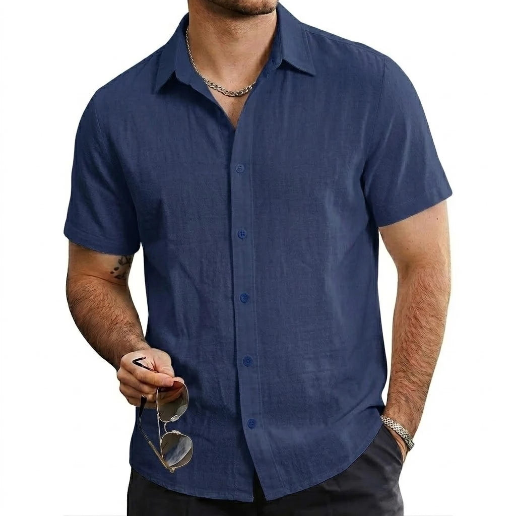 Summer Cotton Linen Shirts Men Short Sleeve T-Shirts Solid Color Button Tshirts Casual Beach Plus Size Hawaiian Shirt Thin Tops