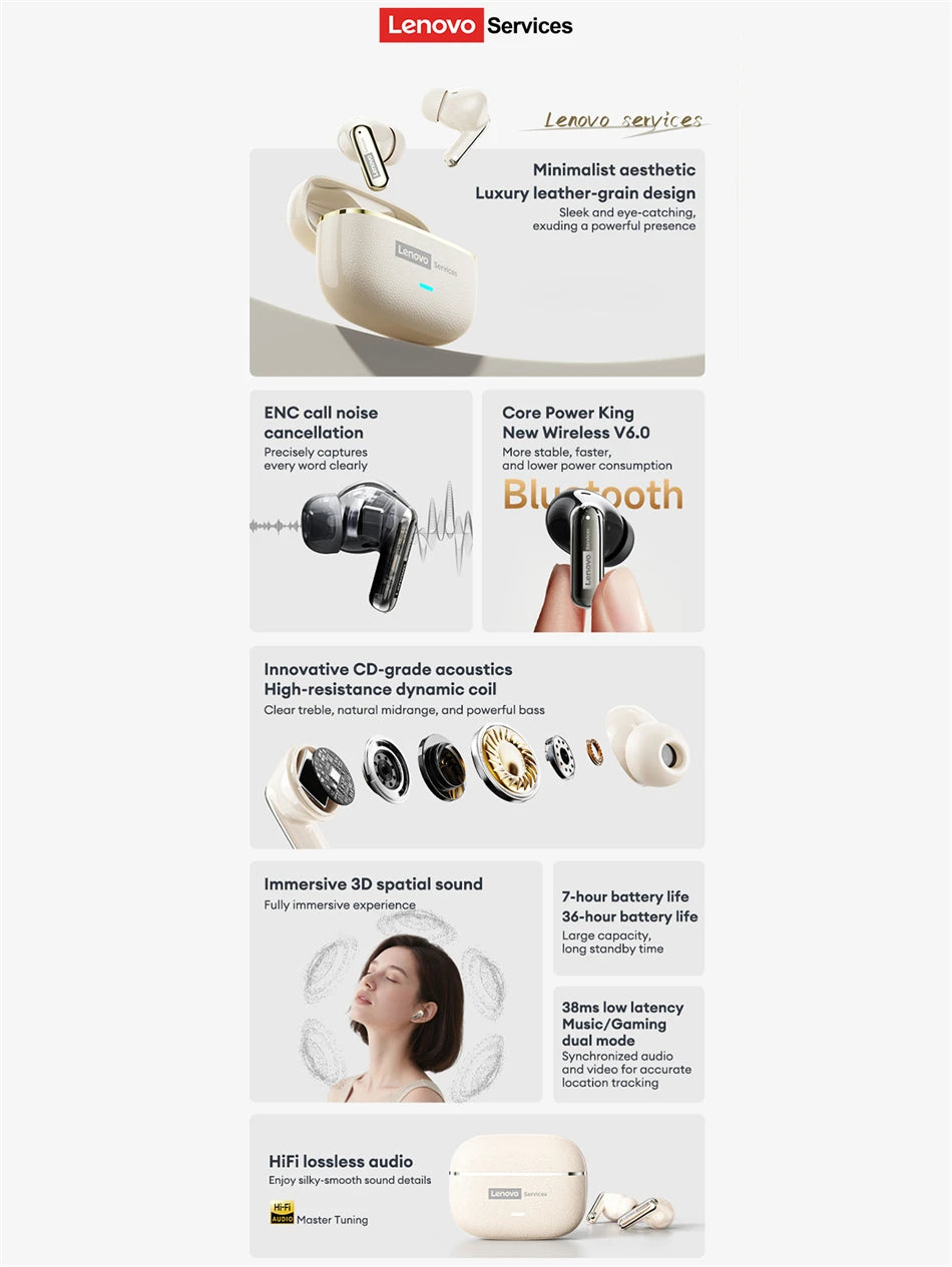 Lenovo LE208 TWS Bluetooth 6.0 Wireless Leather Earphones Stereo ENC Noise Cancelling Headphone 38ms Low Latency Gaming Headset
