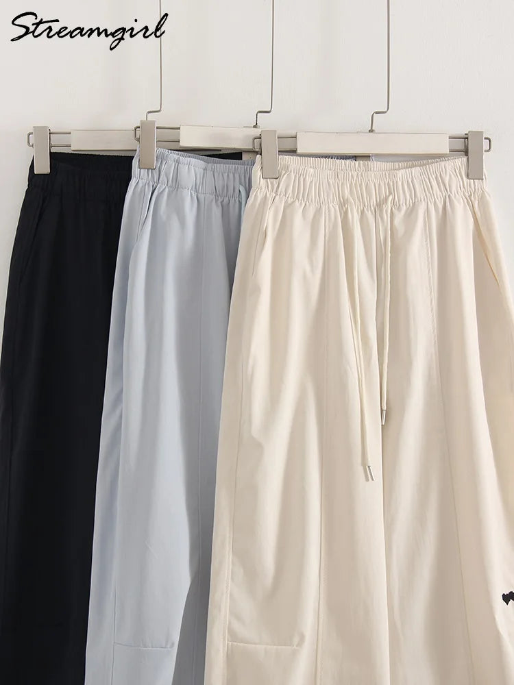 Blue Straight Pants For Women Elastic Wiast Jogger Quick-dry Sweatpants Baggy Embroidery Trousers Ladies Wide Leg Sport Pants