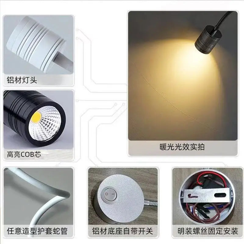cabinet Lights Black, Flexible Gooseneck Lamp LED 3W 3000K Wall Mounted 220V with Switch for Bedrooms Living Room Indoor Lo