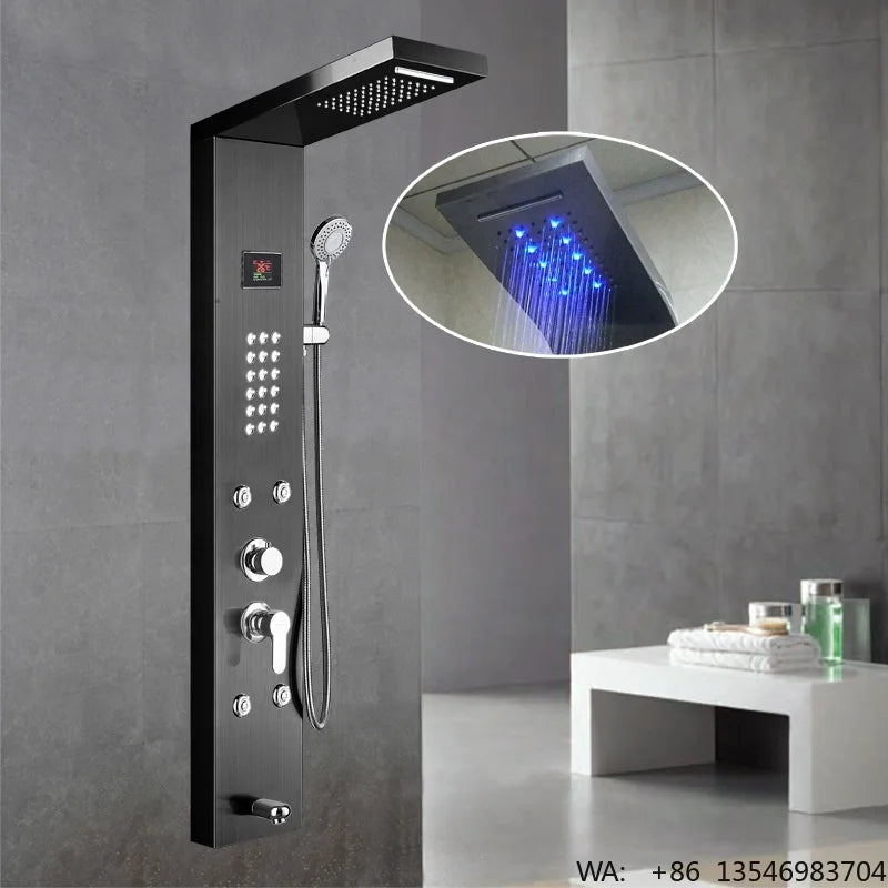 Hot Sale Luxury Black Color  Led Smart Rain Shower Head Bathroom Stainless Steel Wall Mounted Waterfall Shower Panels