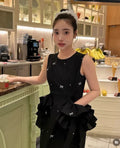 Japanese Sweet Basic Black Sleeveless Long Dress Summer 2025 New Women's Slim Cute Bow Printed Ruffles Casual Fashion Dress