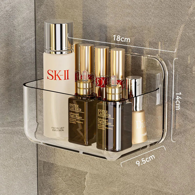Large Transparent Bathroom Shelf, Adhesive Wall-Mounted Storage for Shower Gel/Bottles, Extra Deep PET Vanity Organizer