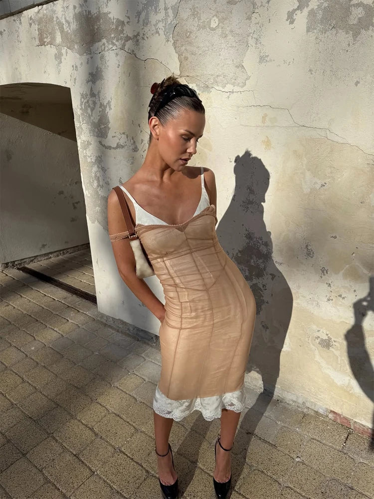 Sexy Sheer Mesh Overlay Midi Dress Women Sleeveless Sleeveless Spaghetti Strap Slim Dresses 2026 Lady Trendy Party Club Robe