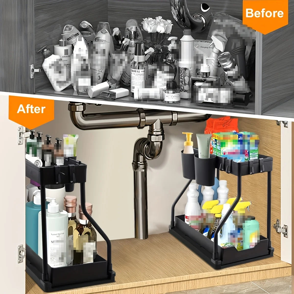 Double Layer Storage Rack, Pull-out Storage Box, Cabinet Sink for Organizing and Organizing Storage Racks  Kitchen Organizer