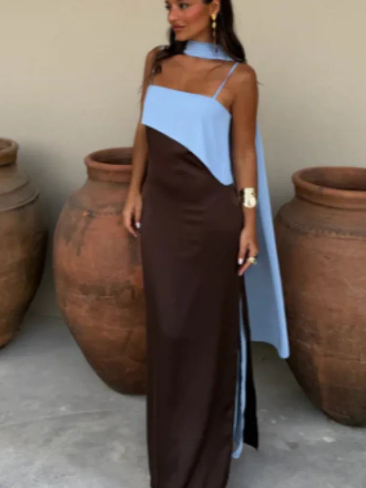 Color Blocking Scarf Collar Suspender Women Maxi Dress Spaghetti Strap High Split Floor Length Evening Dresses Lady Party Robes