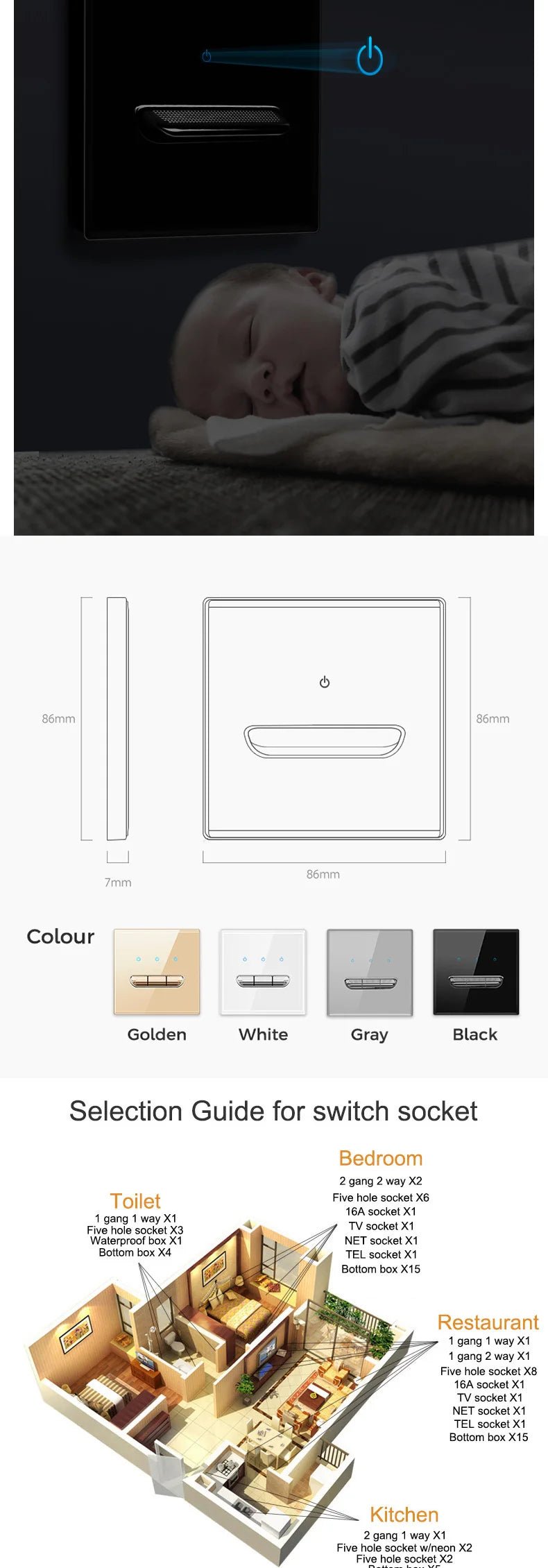 YINKA Crystal Tempered Glass Switch Panel LED Indicator 1 2 3 4 Gang/1 2 Way Self-reset Switch Button Light Switch Wall Switch