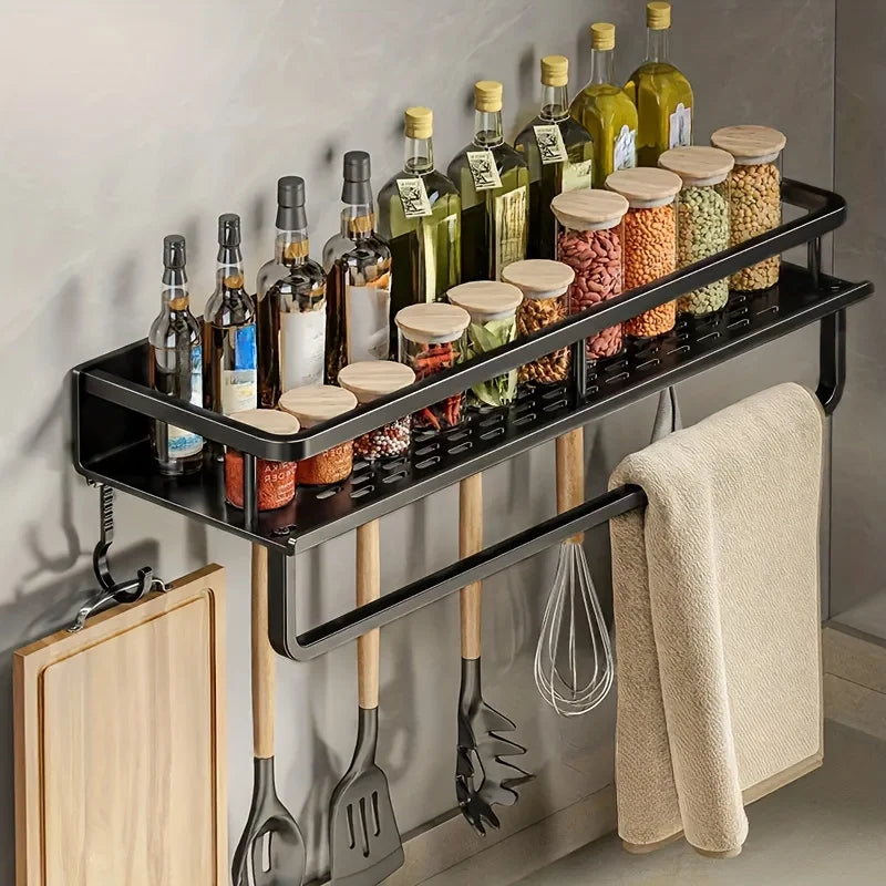 Multifunctional Aluminum Wall-Mounted Shelf Kitchen Spice Storage Rack Kitchen Supplies Storage Hooks Kitchen Accessories