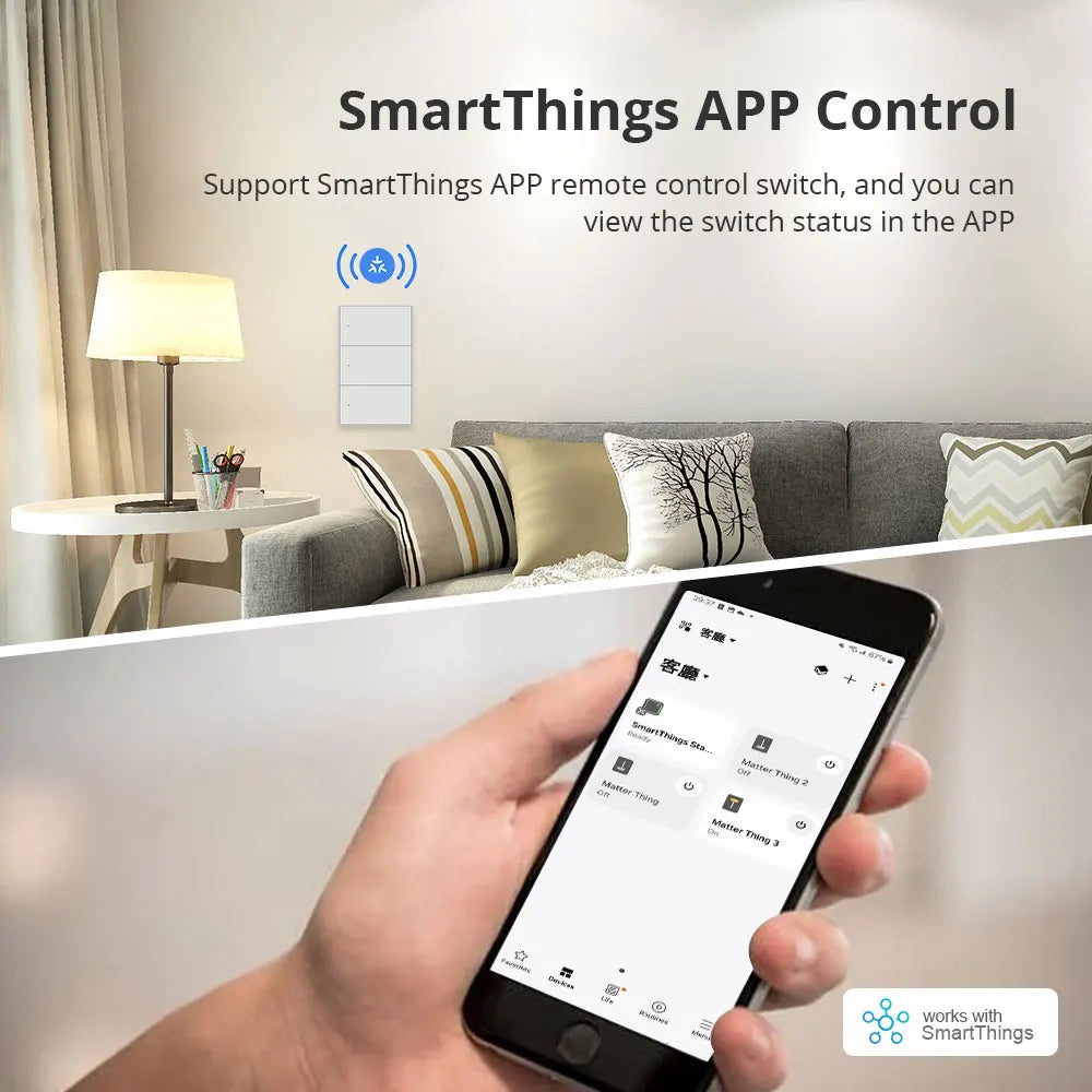 Zemismart Matter WiFi 1 2 3 4 6 Gangs Smart Wall Light Switch Neutral Required with Big Button SmartThings App Homekit Control
