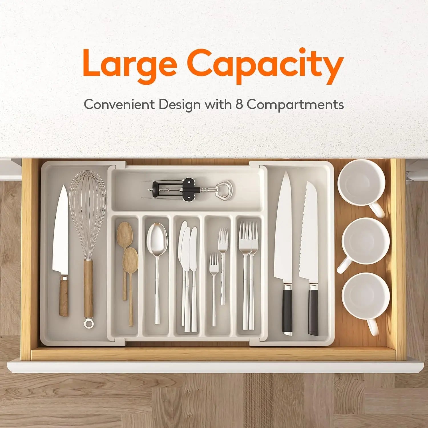 Large Extendable Cutlery Organizer Tray Adjustable Kitchenware Drawer Storage for Spoons Forks Knives