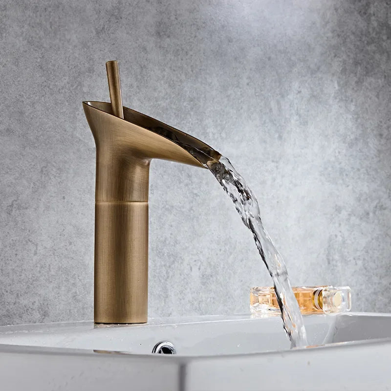 Bathroom Faucet Single Lever Waterfall Basin Faucet Brass Antique Hot and Cold Bathroom Sink Mixer Wine Glass Style Taps