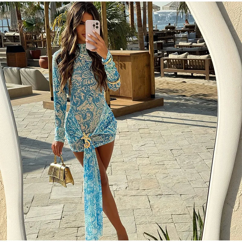Women Blue Print Mesh Short Dresses Chic Sexy Summer Long Sleeve See-through Bandage Starfish Holiday Beach Dress Streetwear Hot