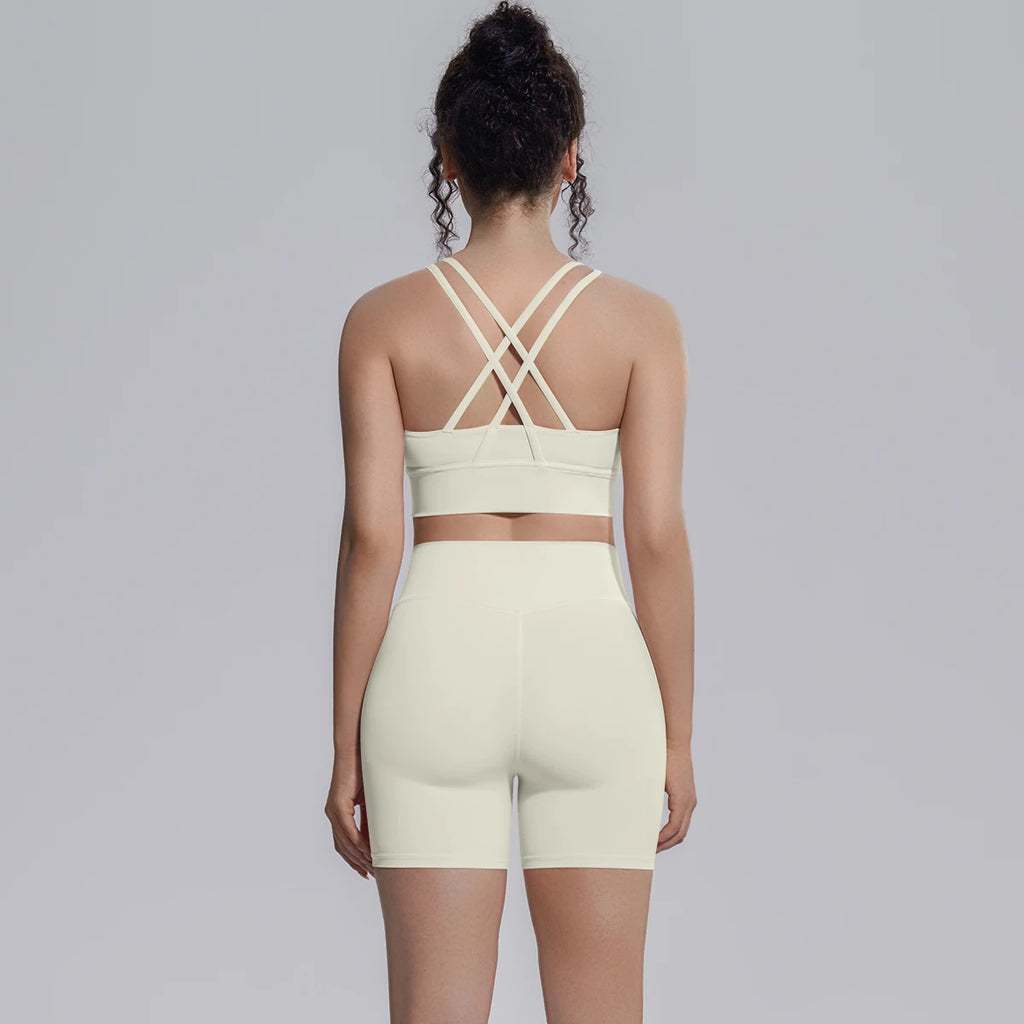2PCS/set Yoga Set Summer Breathable Running Cycling Backless Sports Bra High Waist Peach Buttocks Fitness Shorts Gym Yoga Set