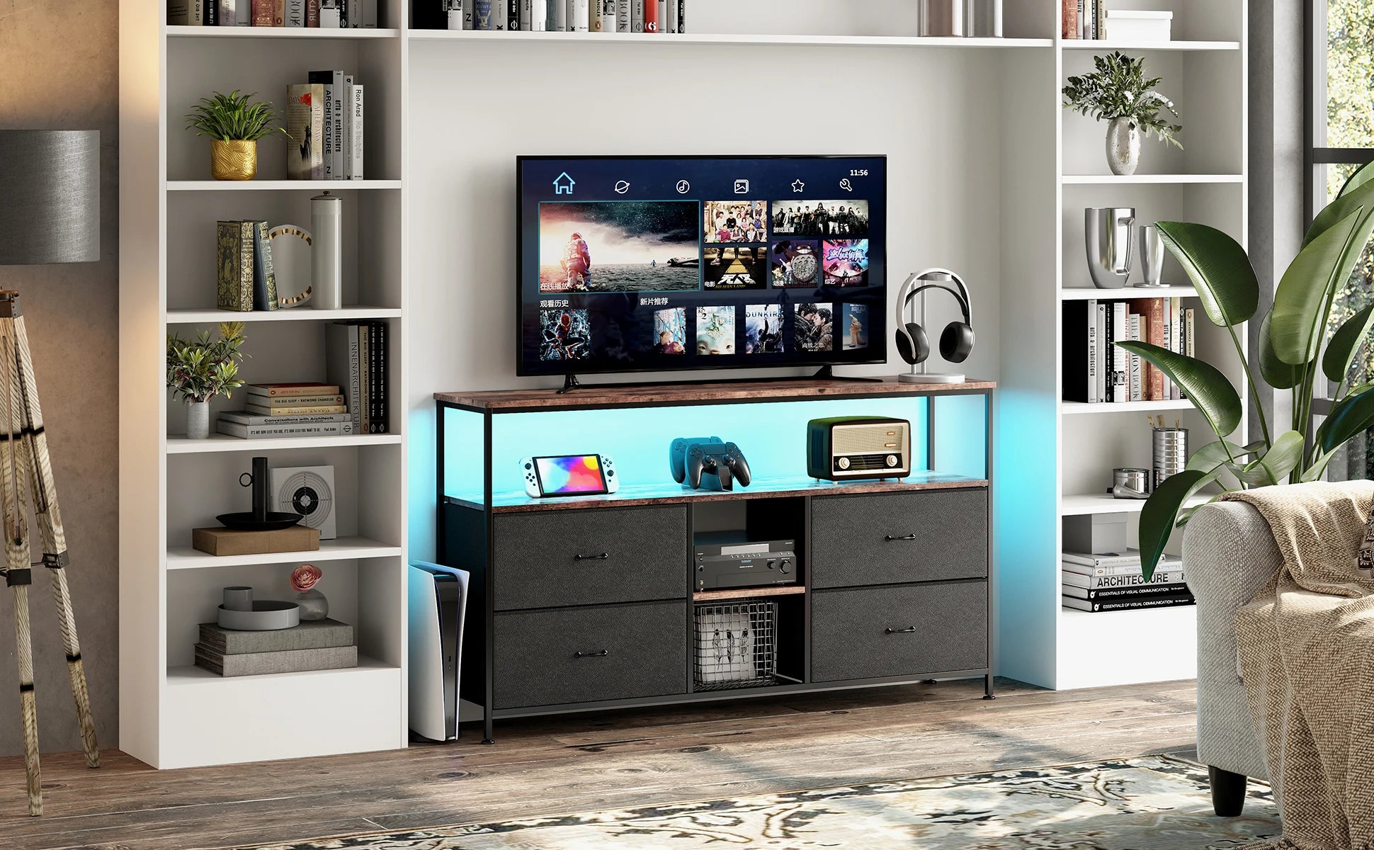 Rosahqnda TV stand with 4 drawers, TV cabinet, , adjustable shelves, TV table, TV cabinet living room furniture
