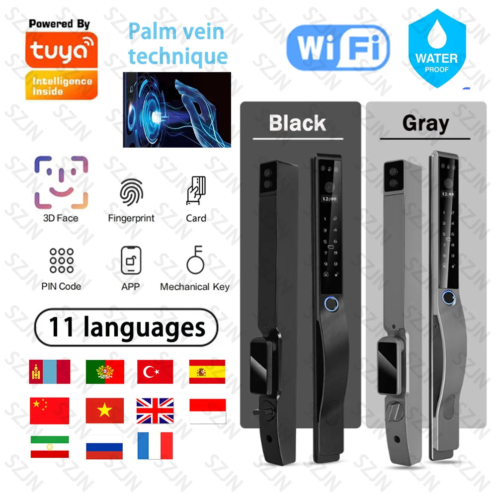 SZJN 3D Face Recognition Tuya Wifi Digital Electronic Broken Bridge Aluminum Lock Waterpoof Fingerprint Password Card Key Unlock