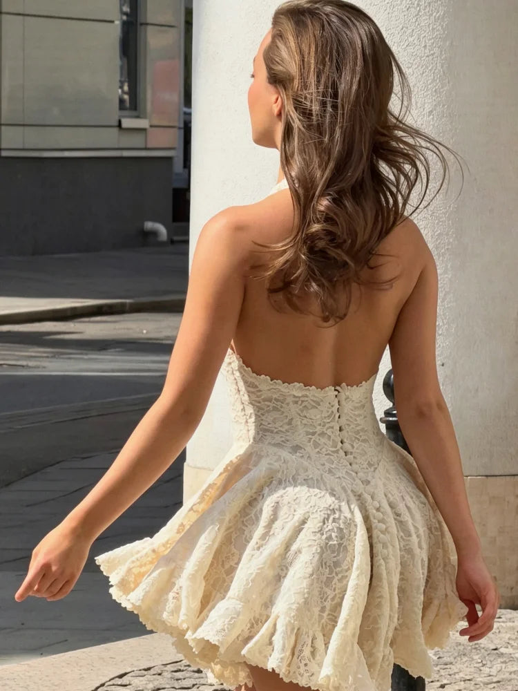 Ivory White Halter‑Neck Lace Mini Dress Women Deep V‑Neck Backless Fitted Waist Flared Hem Vestido Birthday Date Holiday Gown