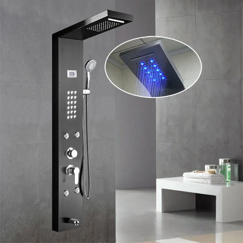 Hot Sale Luxury Black Color  Led Smart Rain Shower Head Bathroom Stainless Steel Wall Mounted Waterfall Shower Panels