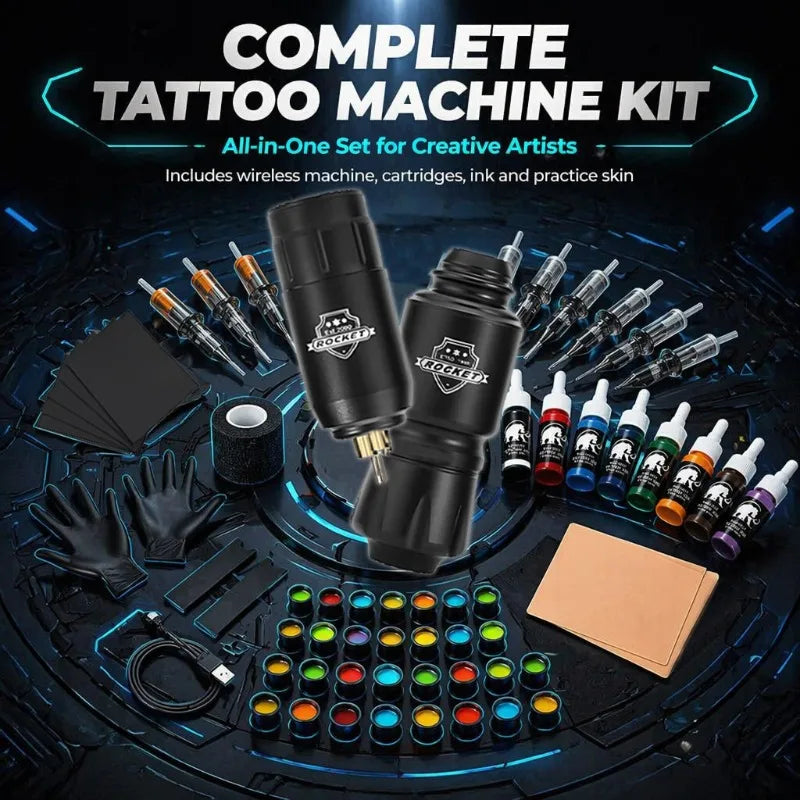 Wireless Tattoo Pen Kit Mini Rocket RCA Battery Rotary Gun with Tattoo Ink and Needles Complete Starter Set for Beginners