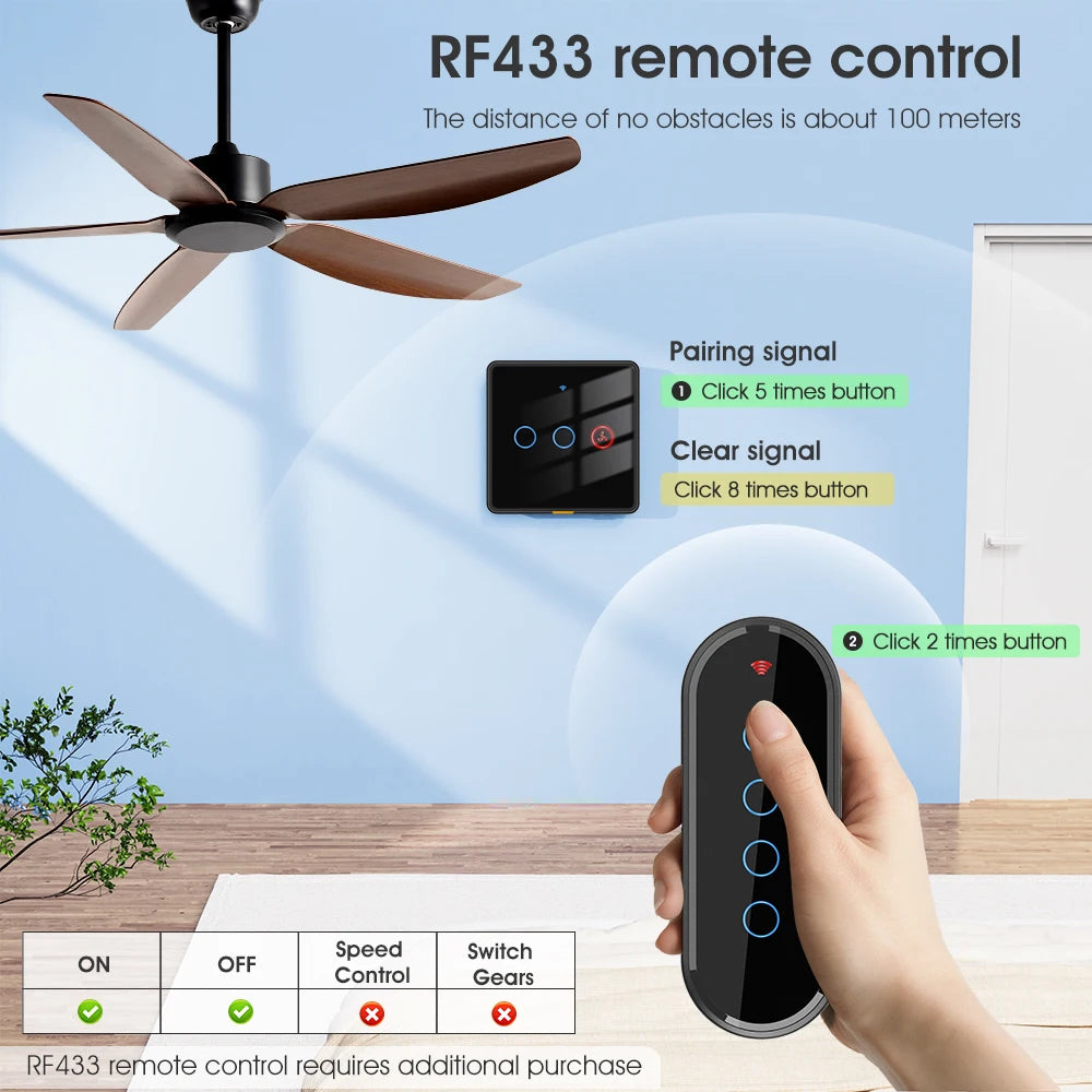 No Neutral Wire Tuya Smart WiFi RF433 Fan Ceiling Light Switch Timer Wall Glass Touch Switch Backlight Timing Control Voice