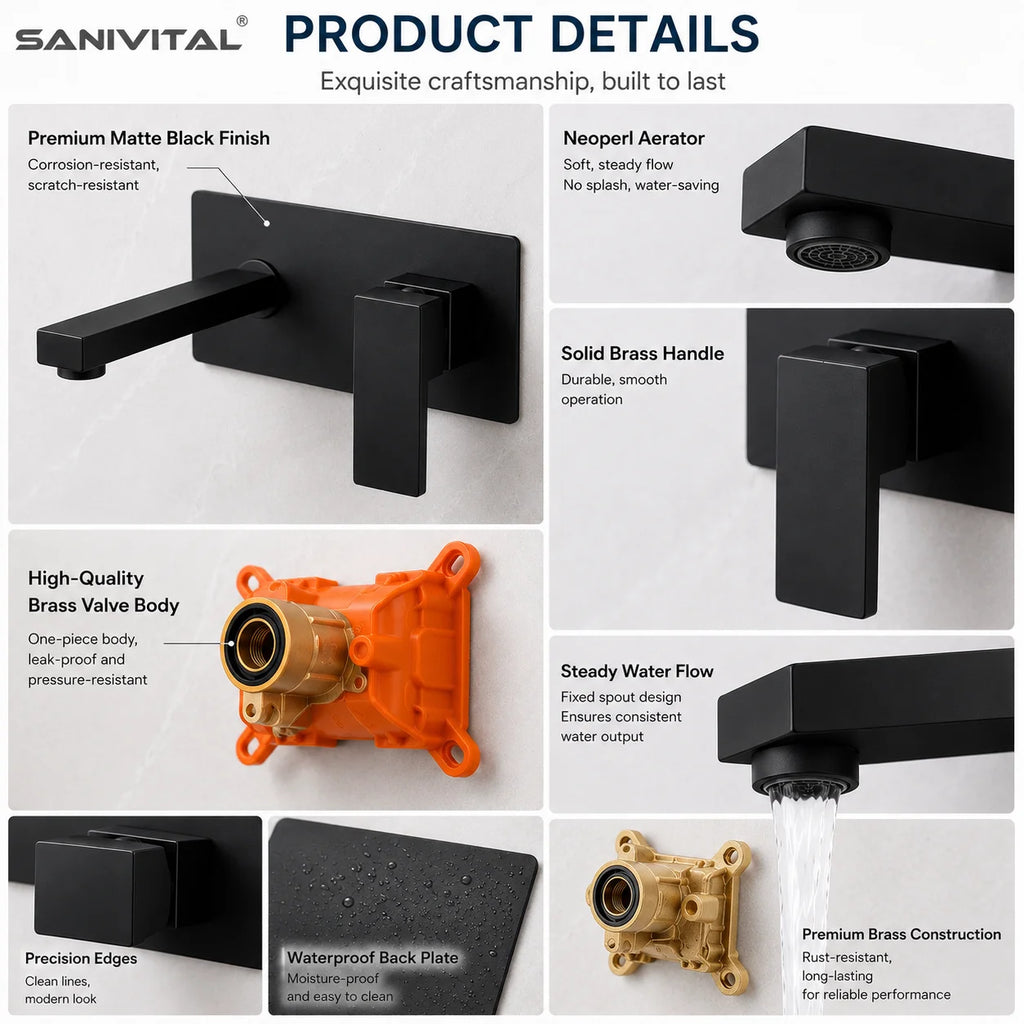 SANIVITAL Wall Mounted Bathroom Faucet Matte Black Basin Mixer Tap Single Handle Hot Cold Water Sink Faucet