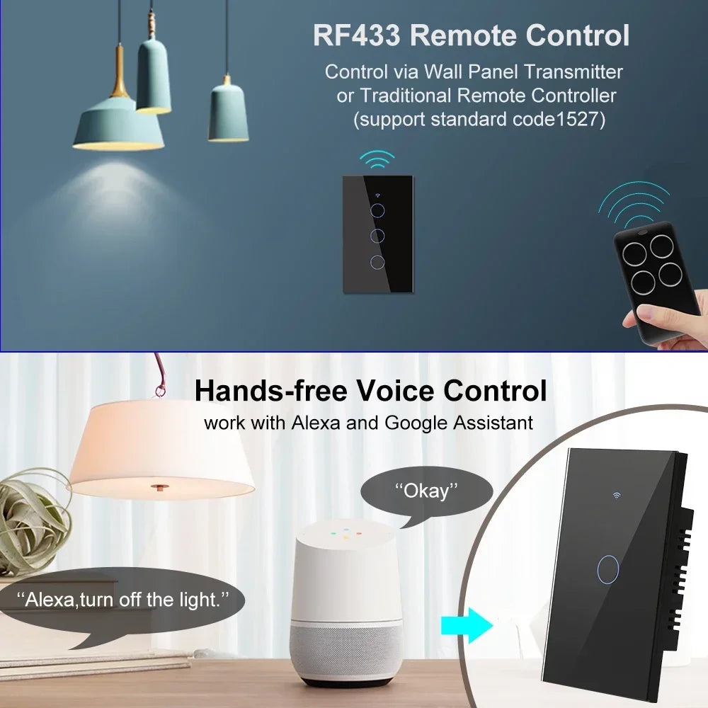 2 Way Smart RF433 Remote Control Wall Light Touch Switch Light Glass WiFi Tuya Smart Life US USA White Black Gold Alexa ON OFF