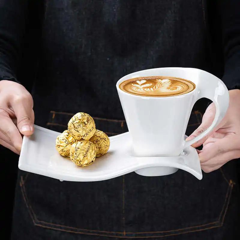 European Ceramic CoffeeCups Set with Wave Shape Plate 80 100 180 and 280ml Modern Minimalist White Cappuccino Latte Dessert Dish