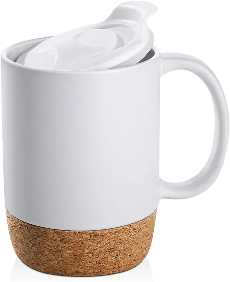 Simplicity Ceramic Cork Bottom Coffee Mug with Lid Splash Proof Heat-resistant Matte Plain White Black Cork Base Bottom Tea Cup
