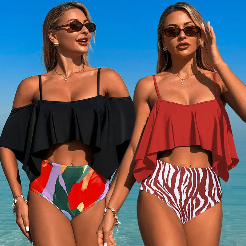 Bikini Sets For Women Ruffles Bikinis Bra and Printing Shorts Ladies High Waist Summer Beach Bathing Suits Swimsuits