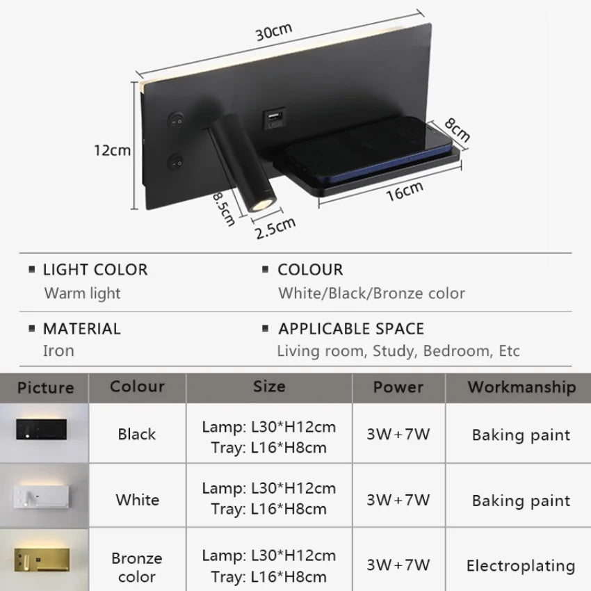 Modern LED Wall Lamp with Wireless Charger Simple Creative USB Interface Night Light Suitable for Living Room Bedroom Study
