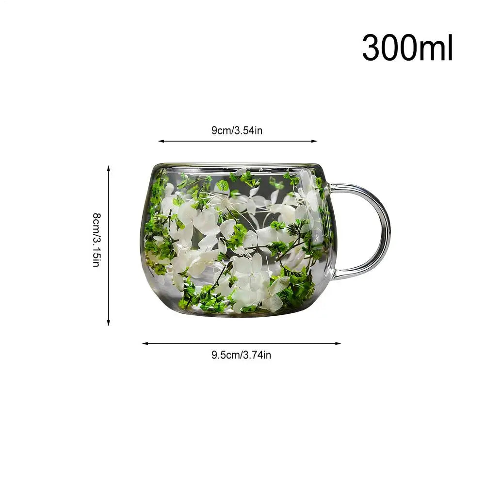 300ml Glass Cup with Dried Flower Heat Resistant Drinking Glasses for Water Juice Milk Coffee Tea Home Cafe Office Party