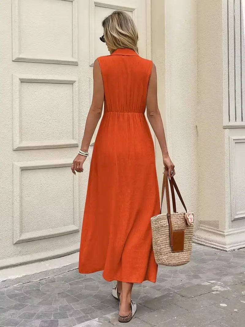 BohemianStyle Dress Sleeveless V-Neck ButtonFront Dresses Elegant Classic Solid Dresses Resort SeasideStyle Vacation Dresses