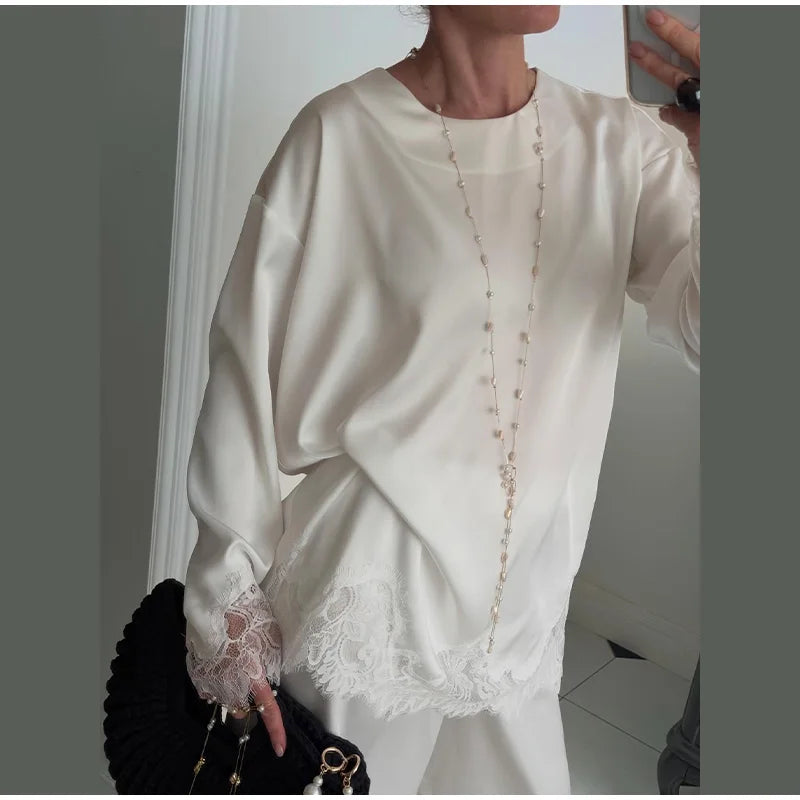 Elegant Lace Loose Dress Women Solid O-neck Full Sleeve Patchwork Dresses Female 2026 Summer White Robe Lady