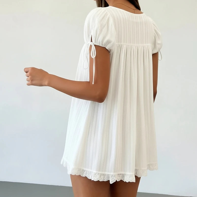 Bohemian Puff Sleeve Maternity Dress Women Square Neck A-line Mini Ruffled Dresses Fairy Vintage Loose Fit Flowy Short Dress