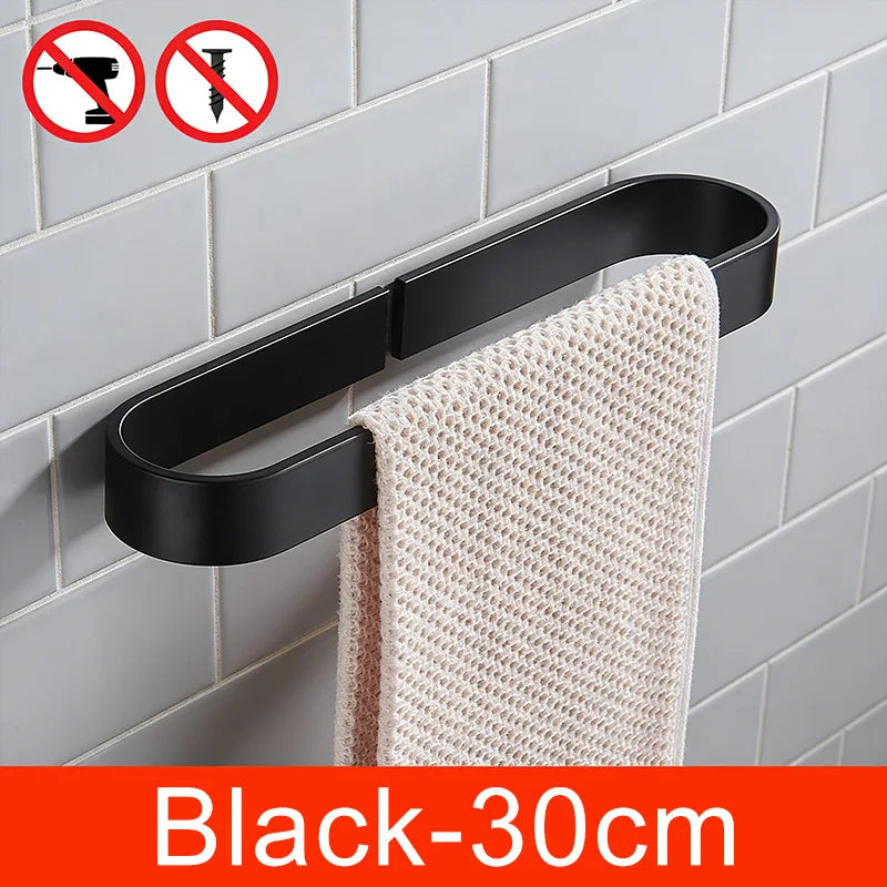 Self-adhesive Black Bath Towel Holder Bathroom Towel Rack No Punch Towel Rail Rack Towel Holder Bath Storage Shelf ML65B