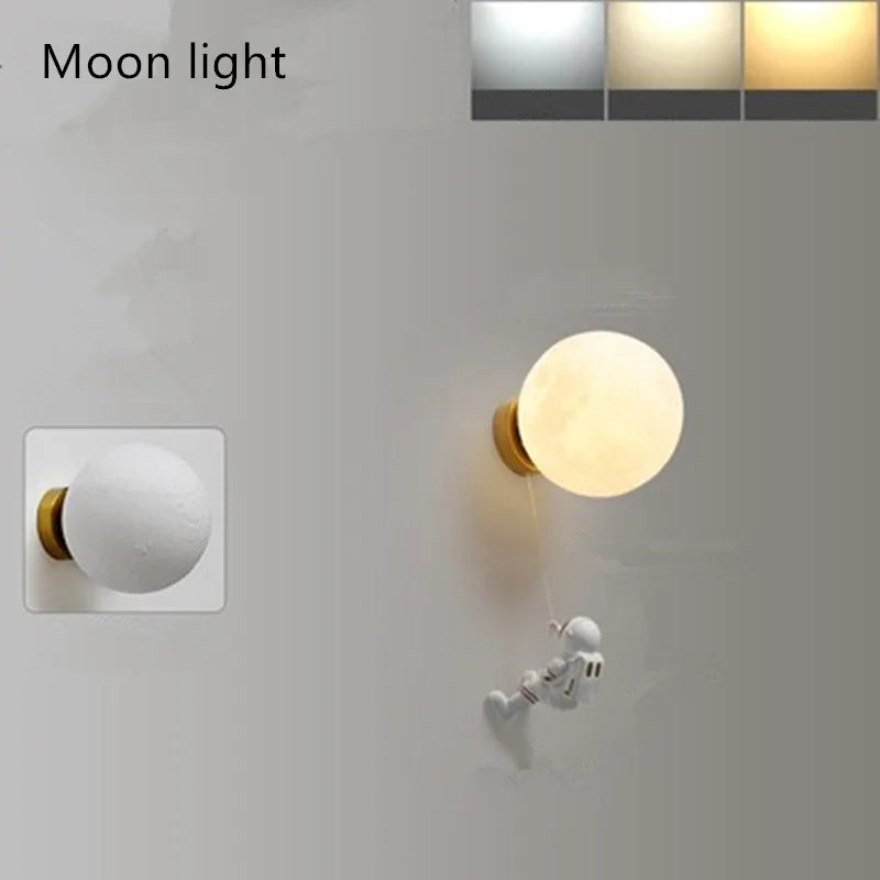 Modern Astronaut Wall Lamp Natural Alabaster Planet LED Sconce Kids Bedroom Astronaut Nursery Decor
