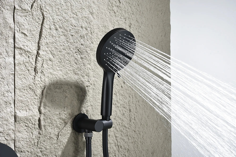 High End Matte Black Concealed Rain Shower System Modern Bathtub Thermostatic Shower Set 3 Modes Rainfall Bathroom Shower Faucet