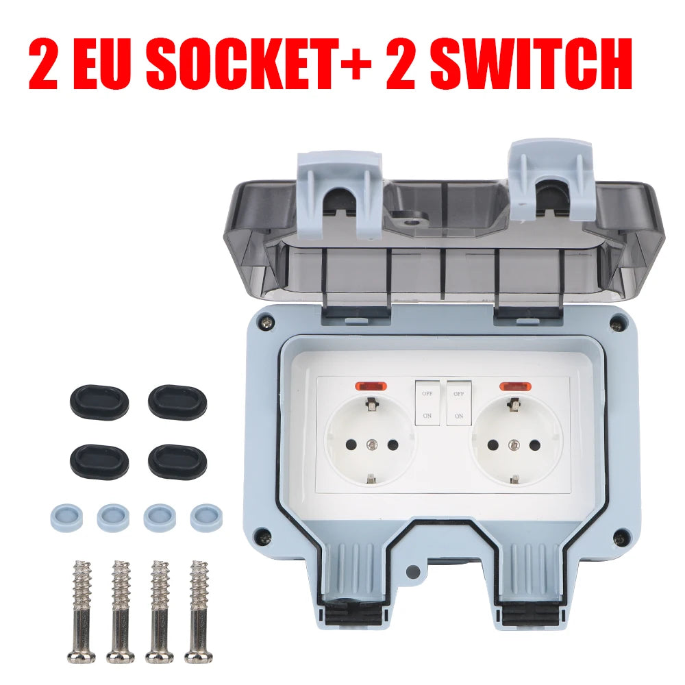 Double EU Socket Power Supply Switch Socket 16A Outdoor Wall Power Socket With USB Charging for Home& Garden IP66 Weatherproof