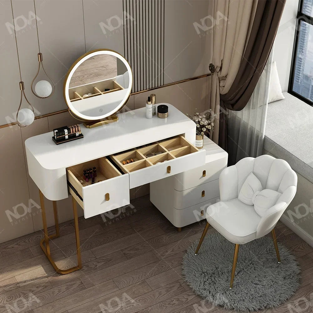 #Modern White Makeup Vanities Table Set With Smart Mirror Slate Top Modern Dressing Desk Wooden Bedroom Furniture