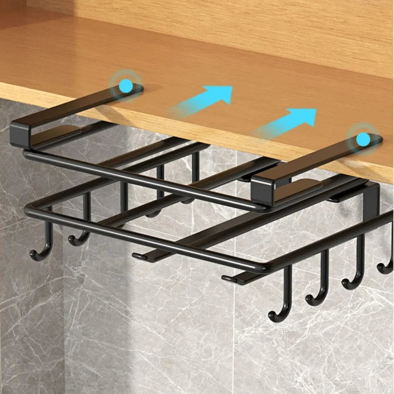Kitchen Under Cabinet Hanging Organizer Rack with Hooks Multi Purpose Holder for Paper Towel Cutting Board Pot Lids