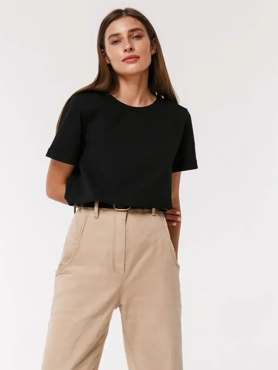 Summer 100% Cotton Women's T-shirt Bottoming Basic Fashionable Lady Short Sleeve Loose Tops Shirts Solid 200g/㎡ Tops