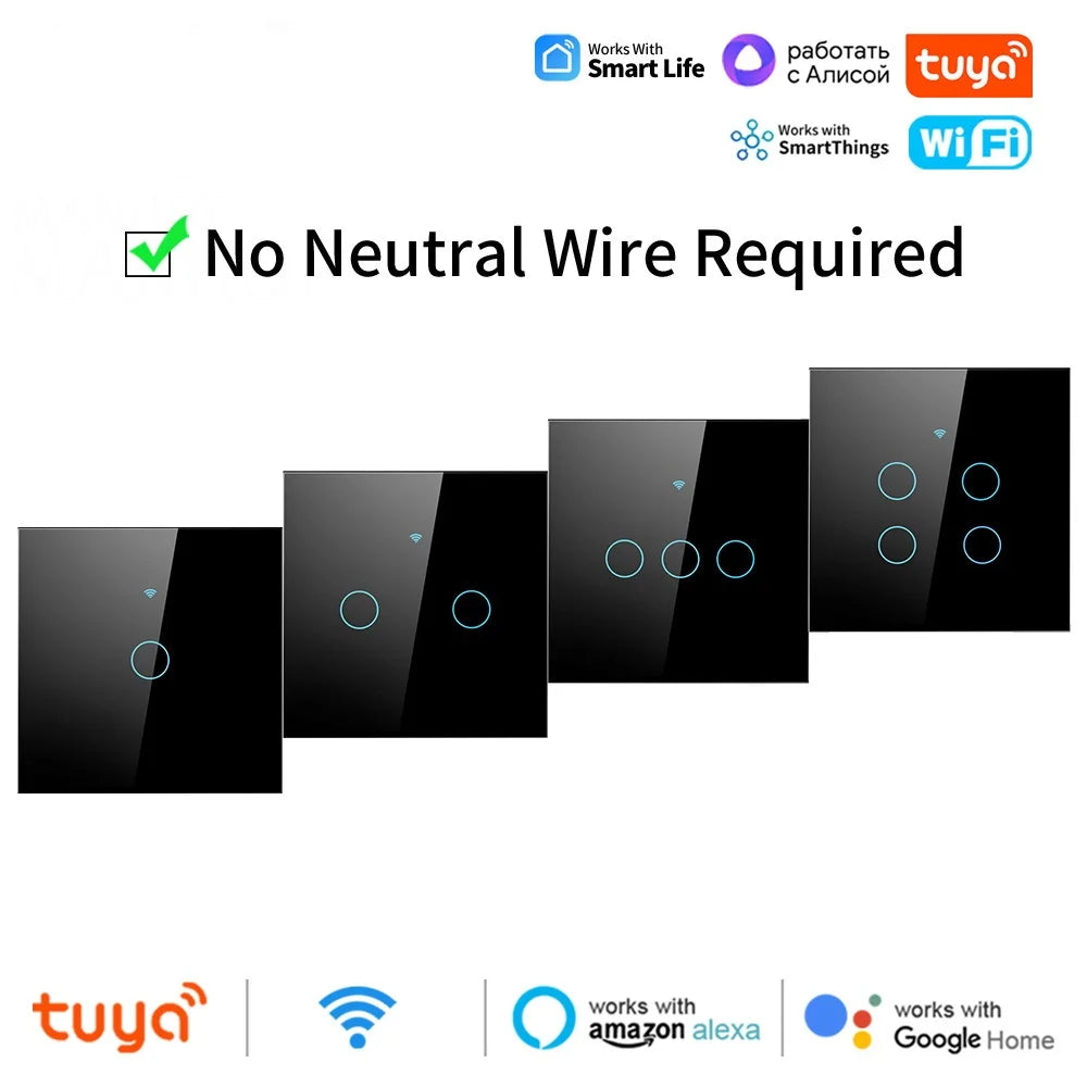 Smart EU Touch Sensor Switch Switches LED Crystal Glass Panel Wall Lamp Light Switch 1/2/3/4Gang No Neutral Wire APP Control