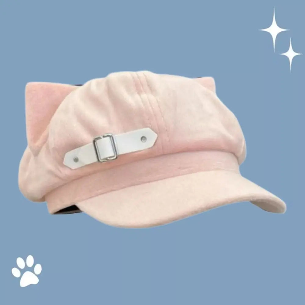 Cute Cat Ears Women's Beret Anime Cat Paw Pattern Newsboy Cap Japanese Style Sweet Baseball Cap Everyday Outfits