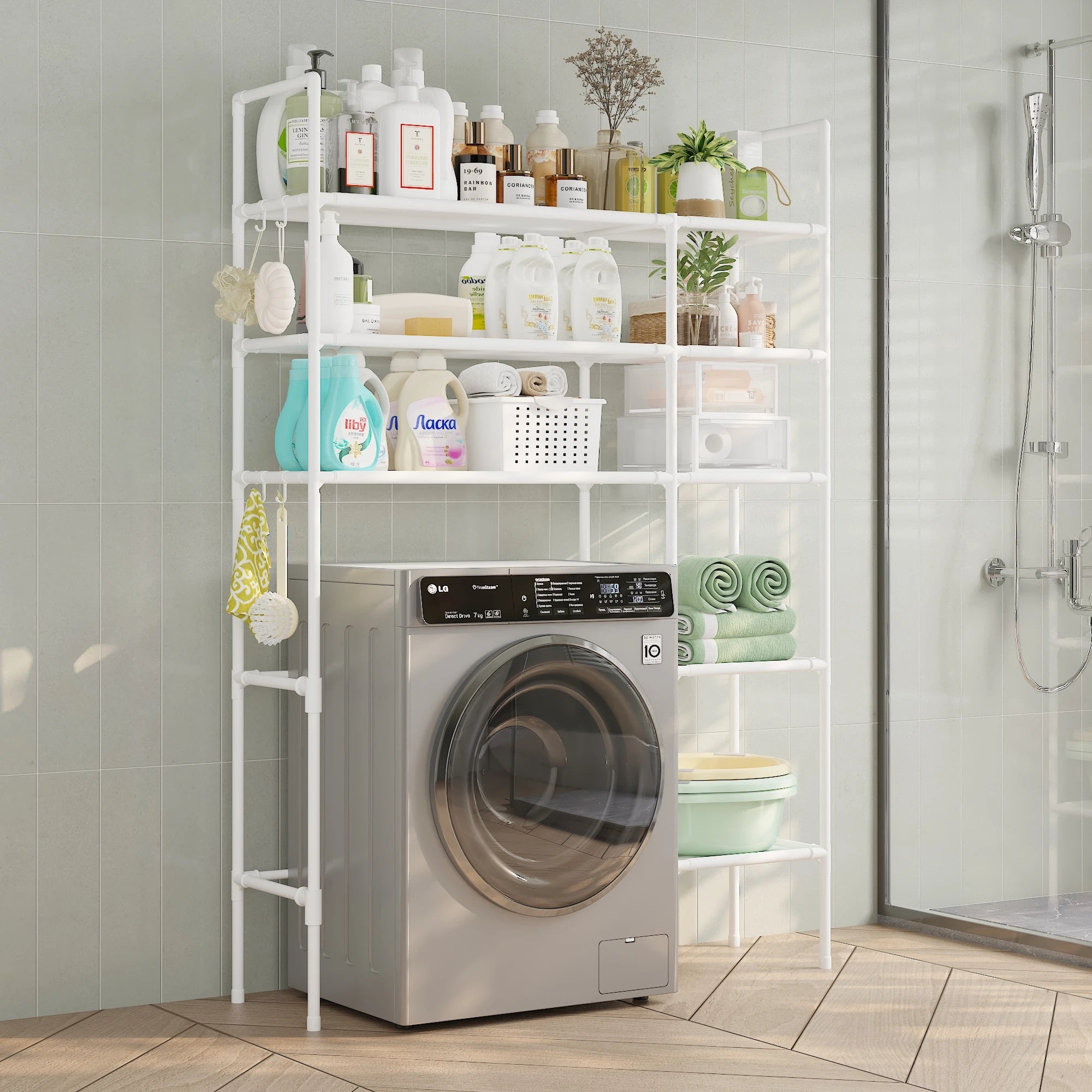 Black/White Iron + Non-Woven Fabric Heavy-Duty 3-Layer Laundry Storage Rack Vertical Multi-Layer Storage Washing Machine Dryer Can Be Placed in Bathroom Laundry Room Storage Space-Saving